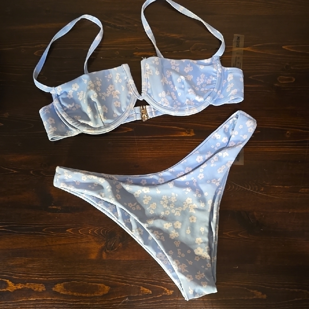 SHEIN Blue and White Bikini Set with Sheer Elegance